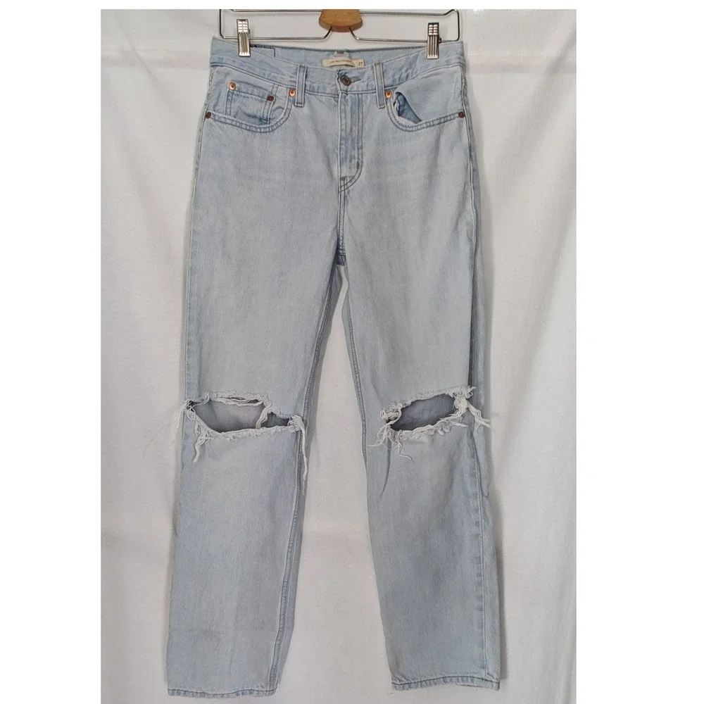 Levi's Low Pro Straight Jeans Light Wash Distressed Ripped Denim Size 27